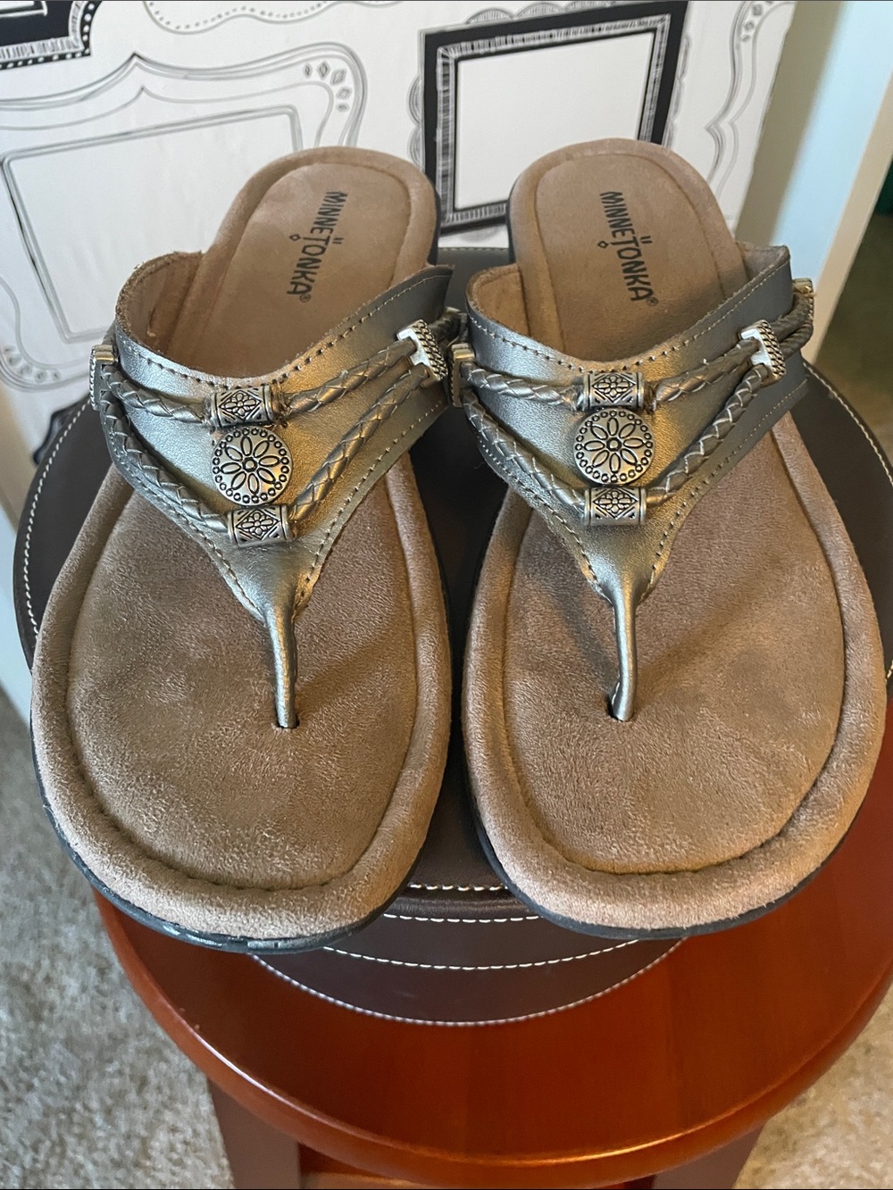 Minnetonka Silver Braided Thong Sandals with Decorative Medallions